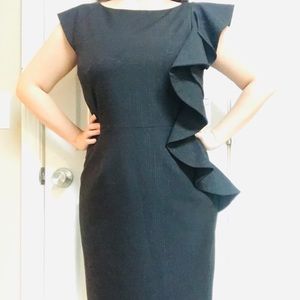 Black Tahari sheath dress with ruffle shoulder